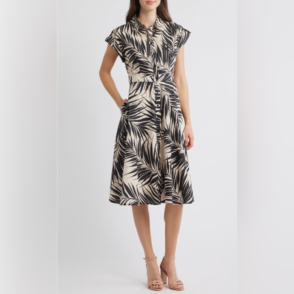 Vince Camuto Black and Cream Palm Print Midi Cotton poplin Dress